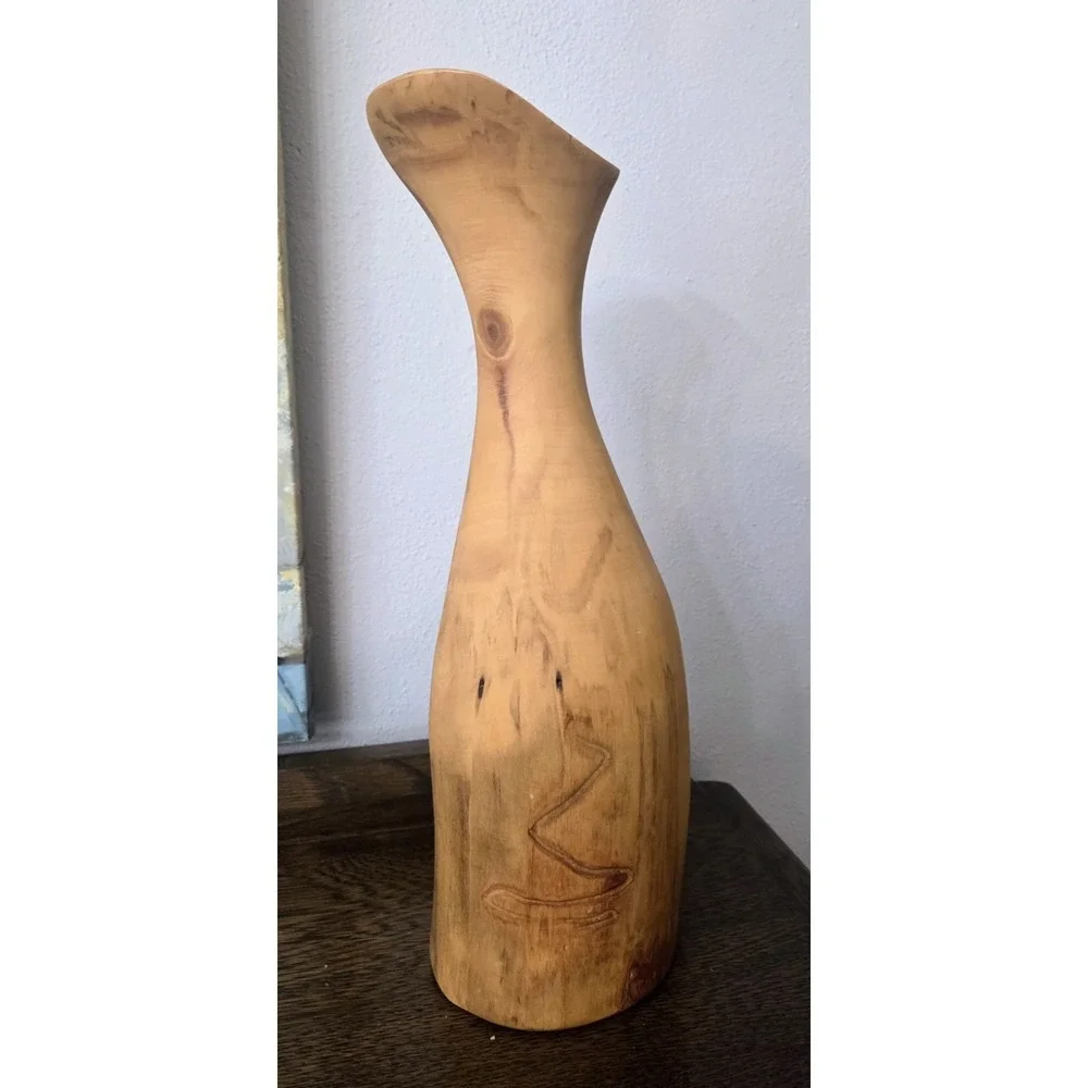 Turned Wooden Vase Rustic Knotty Asymmetrical Flared Rim Solid Piece of Wood 15